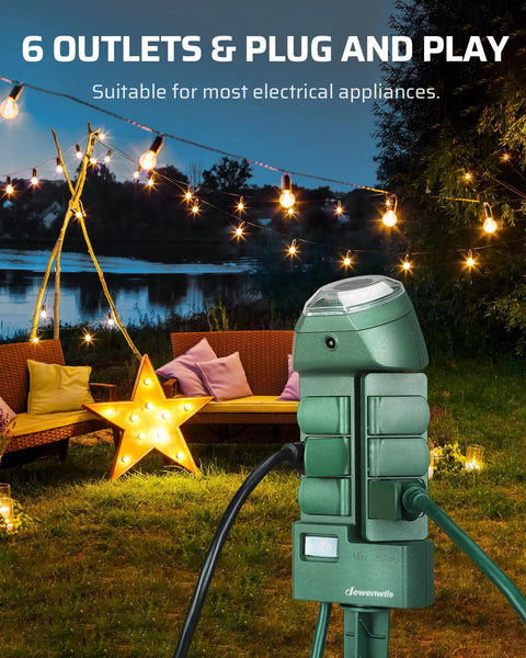 Dope Outdoor Power Strip Timer With Photocell, Weatherproof 6 Outlet Yard Stake Power Strip near yard lights, dusk to dawn control