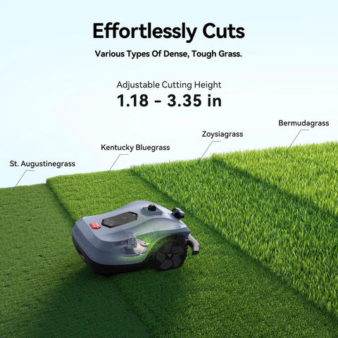 X2 Pro Auto Mapping Robot Lawn Mower cutting various types of grass with adjustable height from 1.18 to 3.35 inches.