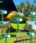 Two Pack Solar Ultrasonic Animal Repeller Set To Keep Cats, Deer And Other Pests And Critters Off Your Lawn And Garden, Easy Stake In Outdoor Deterrents That Recharge In Sun And Work Day And Night. Green solar ultrasonic stake repeller shown in garden, orchard, farm and camping areas.