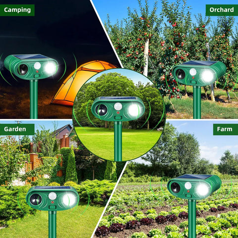 Two Pack Solar Ultrasonic Animal Repeller Set To Keep Cats, Deer And Other Pests And Critters Off Your Lawn And Garden, Easy Stake In Outdoor Deterrents That Recharge In Sun And Work Day And Night. Green solar ultrasonic stake repeller shown in garden, orchard, farm and camping areas.
