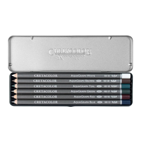 Water-Soluble Graphite Pencils Set With Aquarelle Finish, Six HB Pencils In White, Brown, Teal, Green, Red, And Blue