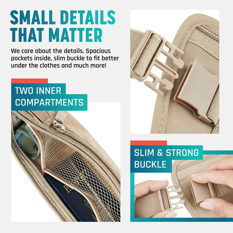 Stealthy Hidden Travel Money Belt With Full RFID Blocking, Slim Waist Wallet Pouch showing compartments and strong buckle