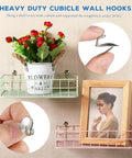 40 Pieces Cubicle Hooks Set For Fabric Wall And Panel Hangers, showing use with flower pot and photo frame on wire shelf