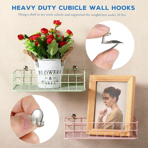 40 Pieces Cubicle Hooks Set For Fabric Wall And Panel Hangers, showing use with flower pot and photo frame on wire shelf