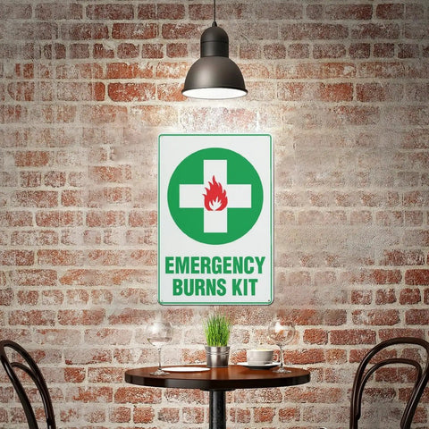 Rustproof Aluminum Warning Sign For First Aid Burn Kit Location 8 By 12 Inches With Clear Bold Lettering on brick wall display