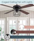 Boss Industrial LED Ceiling Fan With Cage Design And Lights, 52 Inch Black Housing With Rich Barnwood Blades in a modern living room