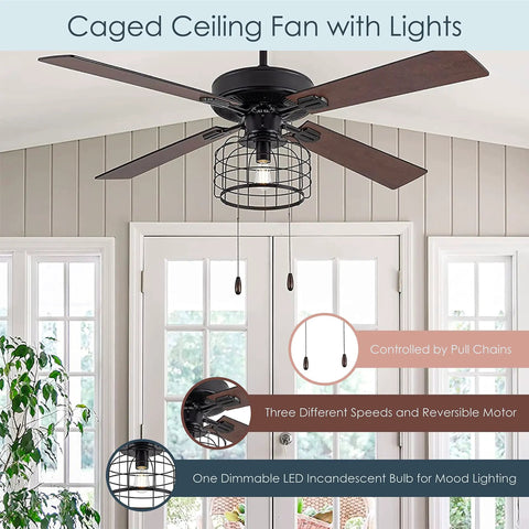 Boss Industrial LED Ceiling Fan With Cage Design And Lights, 52 Inch Black Housing With Rich Barnwood Blades in a modern living room