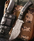 Beefy 10 Inch Damascus Steel Tracker Knife With Full Tang Fixed Blade Micarta Handle Leather Sheath For Rugged Bushcraft Camping