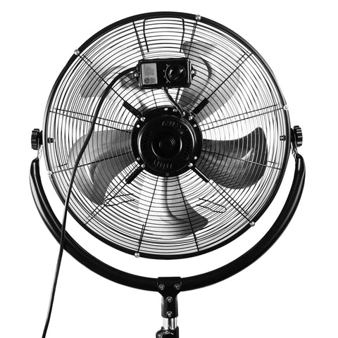 Front view of Industrial 20 Inch Drum Fan with heavy duty high velocity metal pedestal, 5 stainless blades, adjustable height.