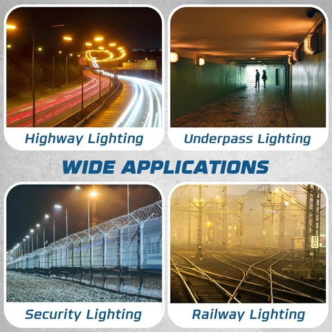 Various lighting applications including highway, underpass, security, and railway using Low Pressure Sodium HID Clear Light Bulb 1800K Warm White BY22D Base, 55W Energy Efficient Lamp for Outdoor Industrial Use, Long Lasting Bright White Glow, Pack of 1