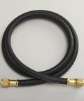 BC-60 Straight Heavy Duty Charging Vacuum Hose Three Eighths Inch Diameter For High Pressure HVAC Use With 3000 Psi Burst And 600 Psi Working Pressure Beefy Yet Flexible With 8 Inch Bend Radius, coiled view of black hose with brass fittings.