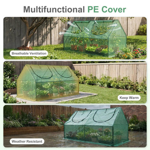 Compact 6 By 3 By 3 Feet Mini Greenhouse With Dual Zipper Doors Water Resistant And UV Protected, shown in garden settings