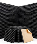 Level Up Your Home Setup With Upgraded Egg Crate Soundproofing Foam For Walls 6 Pack Self Adhesive Acoustic Panels stacked with peel tape.