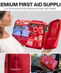 Large Waterproof First Aid Kit For Car, Travel, Home And Outdoors with IPX7 sealed zippers, rubberized shell, open view.