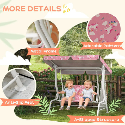 Two Seater Kids Patio Swing With Adjustable Canopy Safety Belt Unicorn Rainbow Pattern Hanging Bench For Garden And Backyard Pink Outdoor Porch Swing Chair