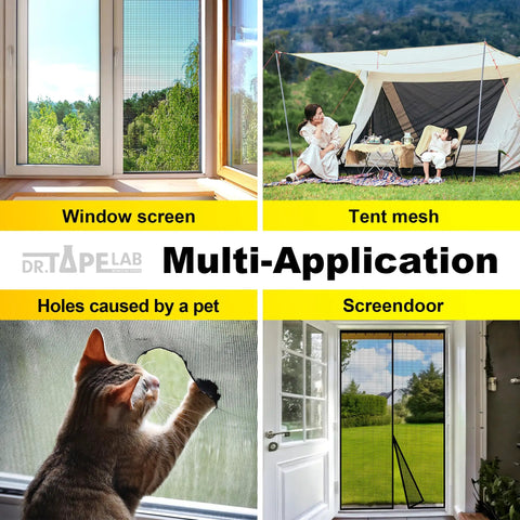 Black Window Screen Repair Tape 4 Inch By 15 Foot No Fuss Quick Patch Kit shown on windows, tents, pets, and screen doors