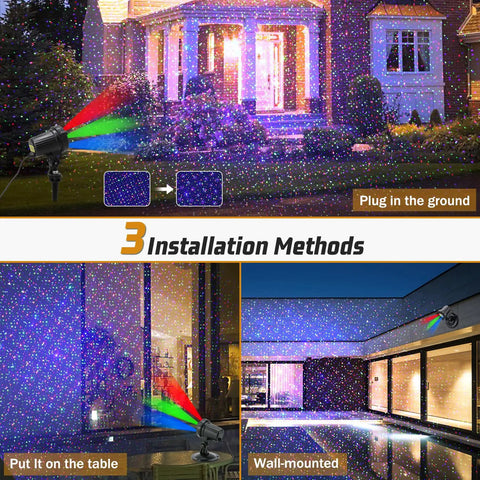 Outdoor RGB Laser Lights Projector For Christmas Decorations Waterproof Garden displayed with three installation methods