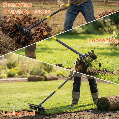 77 Inch Adjustable Bow Rake With Metal Head And 1.1 Inch Thick Stainless Steel Handle used for yard work tasks