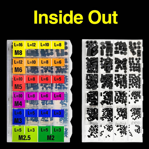 707 Piece Internal Hex Drive Cup Point Set Screw Kit With 24 Metric Sizes M2 Through M8 in a clear organized case
