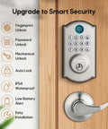 Super Tough Smart Fingerprint Door Lock With Dual Lever Handles Bringing Instant Biometric Scan Entry And Three Backup Keys. Close-up of the smart lock with keypad.