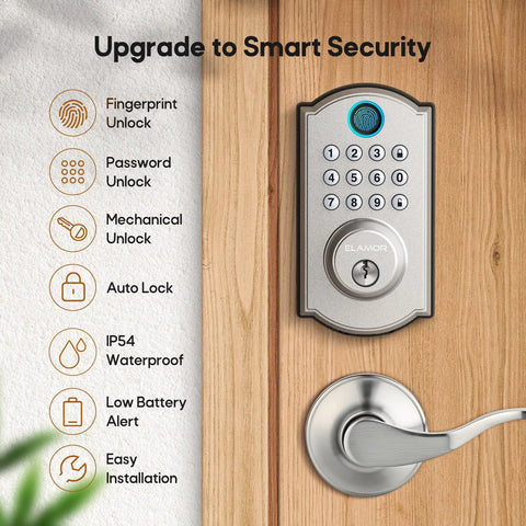 Super Tough Smart Fingerprint Door Lock With Dual Lever Handles Bringing Instant Biometric Scan Entry And Three Backup Keys. Close-up of the smart lock with keypad.