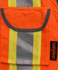 Close-up of Heavy Duty Hi Vis Safety Vest For Field Pros Class 2 ANSI 107-2020 Two Tone Orange With Padded Neck Support And Big Cargo Pockets For Tools Rugged Woven Construction Large, showing pocket detail.