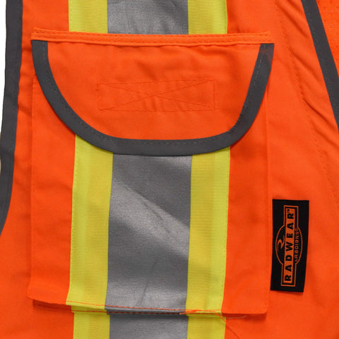 Close-up of Heavy Duty Hi Vis Safety Vest For Field Pros Class 2 ANSI 107-2020 Two Tone Orange With Padded Neck Support And Big Cargo Pockets For Tools Rugged Woven Construction Large, showing pocket detail.