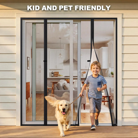 Child and dog walking through Magnetic Screen Door For 60x80 Inch Doors With Magnetic Closure And Heavy Duty Mesh, fits 62x81