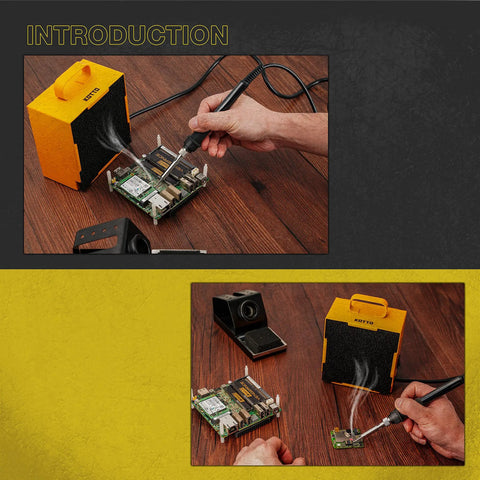 Solder Smoke Absorber And Fume Extractor For Soldering Station DIY Working Fan with zero point four inch activated carbon filter capturing smoke.