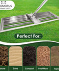 Stainless Steel 30 Inch Lawn Level Rake Pro Grade Yard Tool For Even Grass And Smooth Soil Leveling with textures shown
