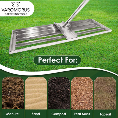 Stainless Steel 30 Inch Lawn Level Rake Pro Grade Yard Tool For Even Grass And Smooth Soil Leveling with textures shown