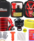 Grab And Go Roadside Emergency Car Kit With Jumper Cables Headlamp Tow Straps Safety Hammer Rain Gear Non Slip Gloves First Aid