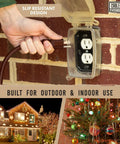 Brown Outdoor Extension Cord 25 Ft Heavy Duty 16/3 With 3 Prong Grounded Plug Weatherproof Exterior Cable 13 Amp Great For Deck Patio Garden Lawn Landscaping being plugged into an outdoor outlet on a brick wall.