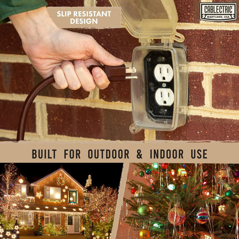 Brown Outdoor Extension Cord 25 Ft Heavy Duty 16/3 With 3 Prong Grounded Plug Weatherproof Exterior Cable 13 Amp Great For Deck Patio Garden Lawn Landscaping being plugged into an outdoor outlet on a brick wall.