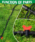 Close-up of Fifty Foot Half Inch Drip Irrigation Tubing Kit With Switch Valves on grass, showing connections and adapters.