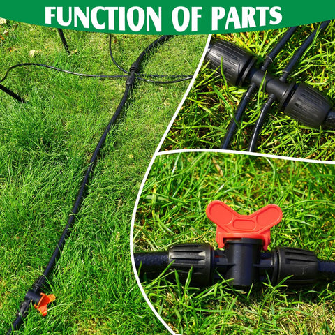 Close-up of Fifty Foot Half Inch Drip Irrigation Tubing Kit With Switch Valves on grass, showing connections and adapters.