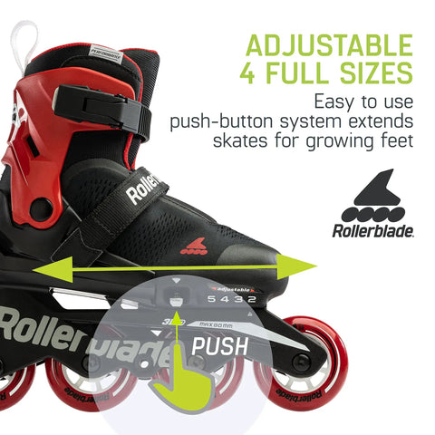 Microblade Free 3WD Kids Adjustable Inline Skates With Lace Free Closure And 4 Size Range In Black And Red Close-up of Size Adjustment