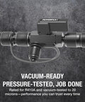 Valve Core Removal Tool For HVAC Quick Recovery And Evacuation, Dual Size Fittings One Quarter Inch And Five Sixteenths Inch In One Tool, R-410A Vacuum Rated To Twenty Microns, Durable Metal Handle shown on concrete texture background.