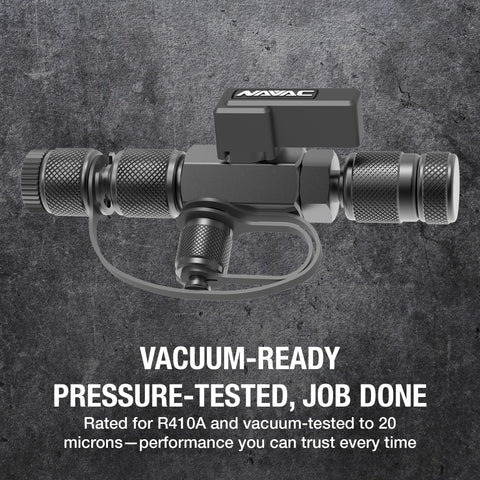 Valve Core Removal Tool For HVAC Quick Recovery And Evacuation, Dual Size Fittings One Quarter Inch And Five Sixteenths Inch In One Tool, R-410A Vacuum Rated To Twenty Microns, Durable Metal Handle shown on concrete texture background.