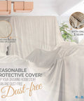 Pack Of 2 Heavy Duty Canvas Drop Cloths 4x12 Large Tarp covering furniture in room with text about dust-free protection and hemmed edges.