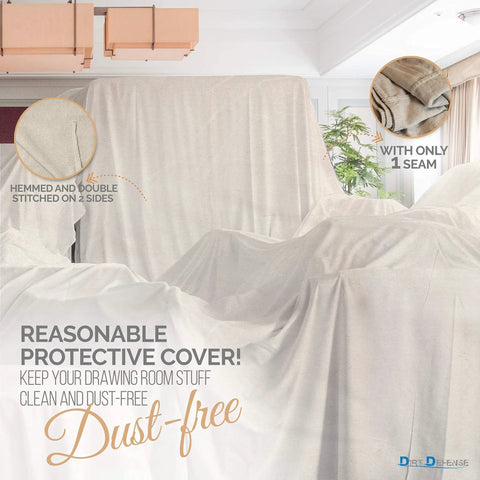 Pack Of 2 Heavy Duty Canvas Drop Cloths 4x12 Large Tarp covering furniture in room with text about dust-free protection and hemmed edges.