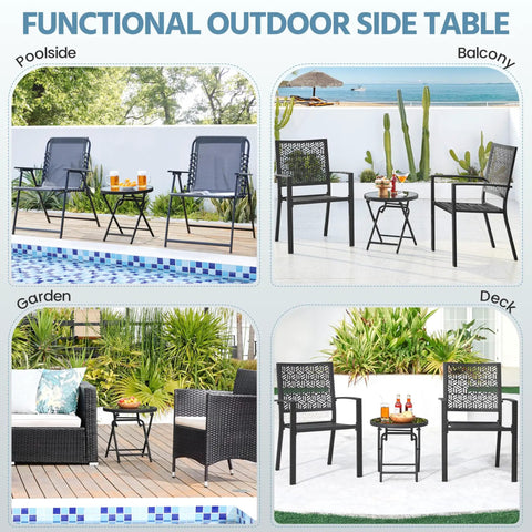 Outdoor Folding Round Patio End Table With Silk Tempered Glass Top And Lightweight Steel Frame in various settings