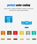 120 Piece Blade Fuse Kit For Cars Trucks Boats And RVs With Color Coded Housings And Clear Amp Ratings shown in blue and organized by amp size.