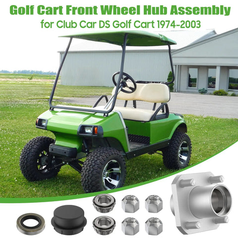 Front Wheel Hub Assembly Kit For Club Car DS Golf Cart 1974-2003, 2 Pack, shown with golf cart and components