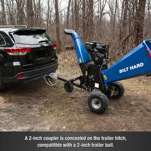 Towable 6 Inch Wood Chipper With Electric Start 15HP 420cc Gas Powered Engine Beast Drum Mulcher attached to vehicle