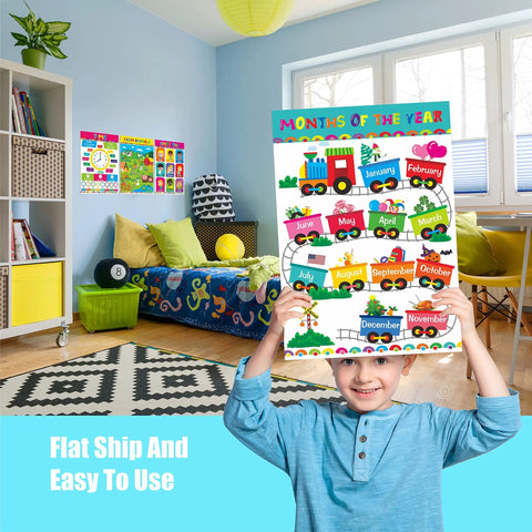 Child holding months of the year poster from 17 Poster Set For Early Education With Alphabet Numbers Time Shapes Seasons Months Emotions Weather Money Colors Opposites Five Senses Math Solar System Farm Animals On Durable PET Film Covers For Nursery And Kindergarten