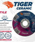 Tiger Ceramic Type 27 Cut Off And Grind Combo Wheel 4 1/2 Inch By 1/8 Inch CER30T 5/8-11 Nut for metal cutting and grinding