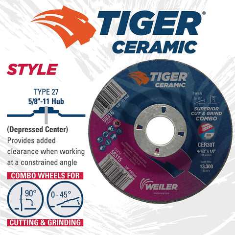 Tiger Ceramic Type 27 Cut Off And Grind Combo Wheel 4 1/2 Inch By 1/8 Inch CER30T 5/8-11 Nut for metal cutting and grinding