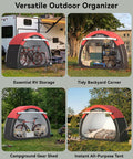 High Clearance Bike Storage Tent Shelter for Your Rigs, 53 Inch Tall Outdoor Bike Shed Waterproof With 210D Oxford PU4000 Coated Fabric shown in various outdoor settings.