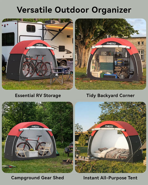 High Clearance Bike Storage Tent Shelter for Your Rigs, 53 Inch Tall Outdoor Bike Shed Waterproof With 210D Oxford PU4000 Coated Fabric shown in various outdoor settings.